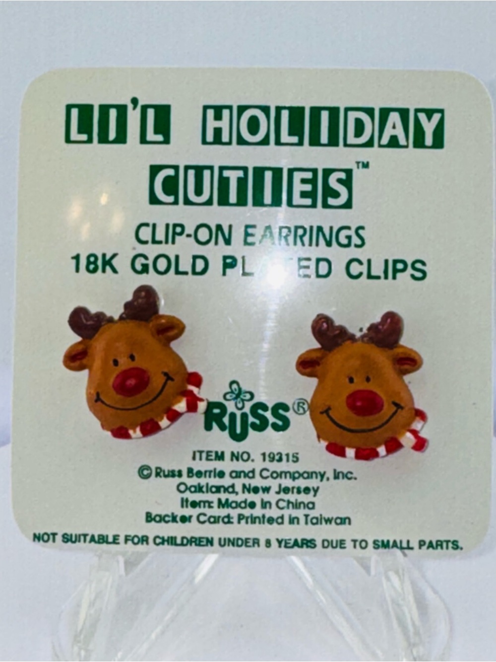 Russ Lil' Holiday Cuties Reindeer Clip-On Earrings in Brown and Red